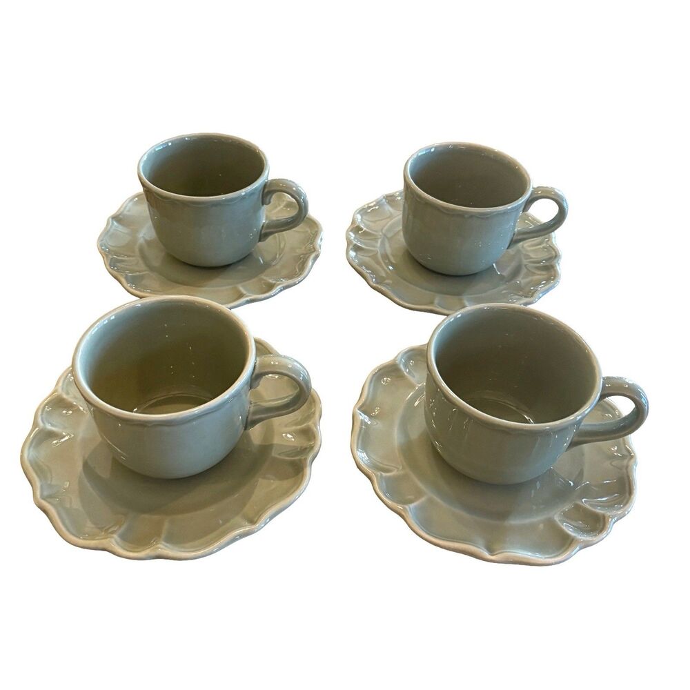 Varages France Vintage LUBERON CELADON Flat Cup and Saucer Set of 4 NEW